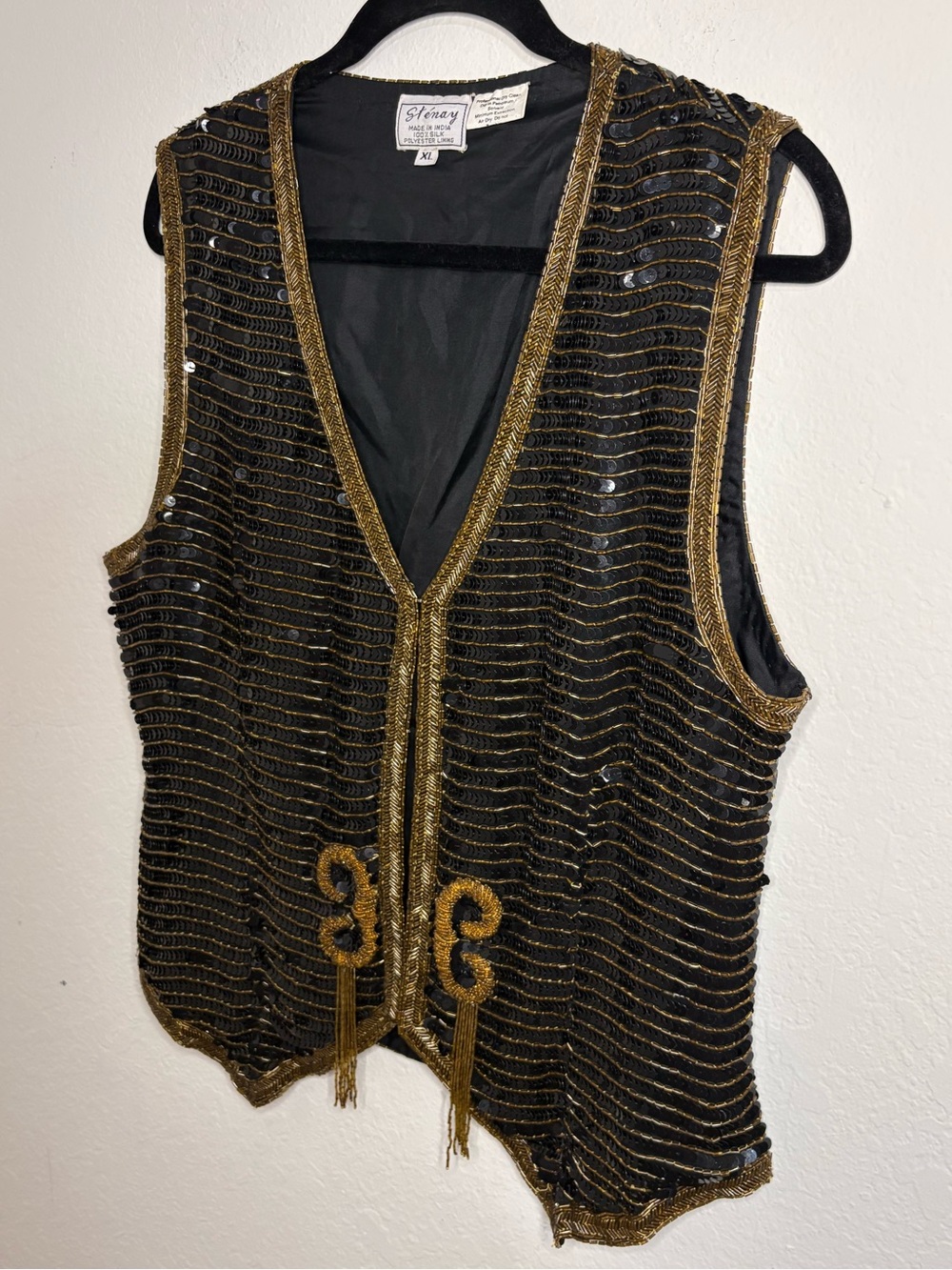 Vintage Stenay Black Sequin Beaded 100% Silk Vest with Gold Trim size XL - Picture 6 of 12